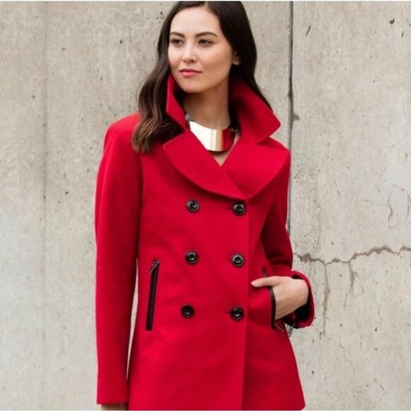 Black Rivet Candy Apple Red Wool Pea Coat - Picture 1 of 6